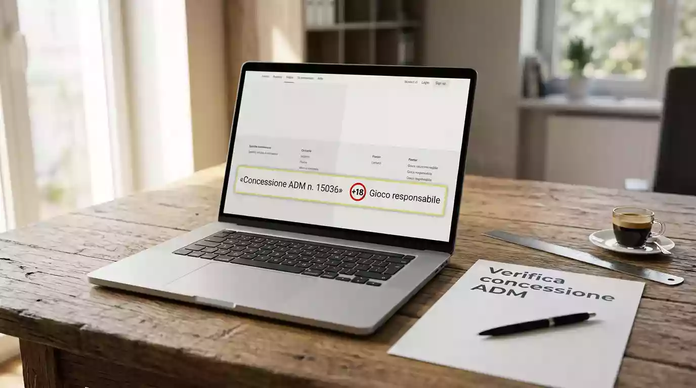 Schermo di un computer portatile con la pagina di un sito di scommesse ippiche italiano e il codice di concessione ADM in evidenza nel footer