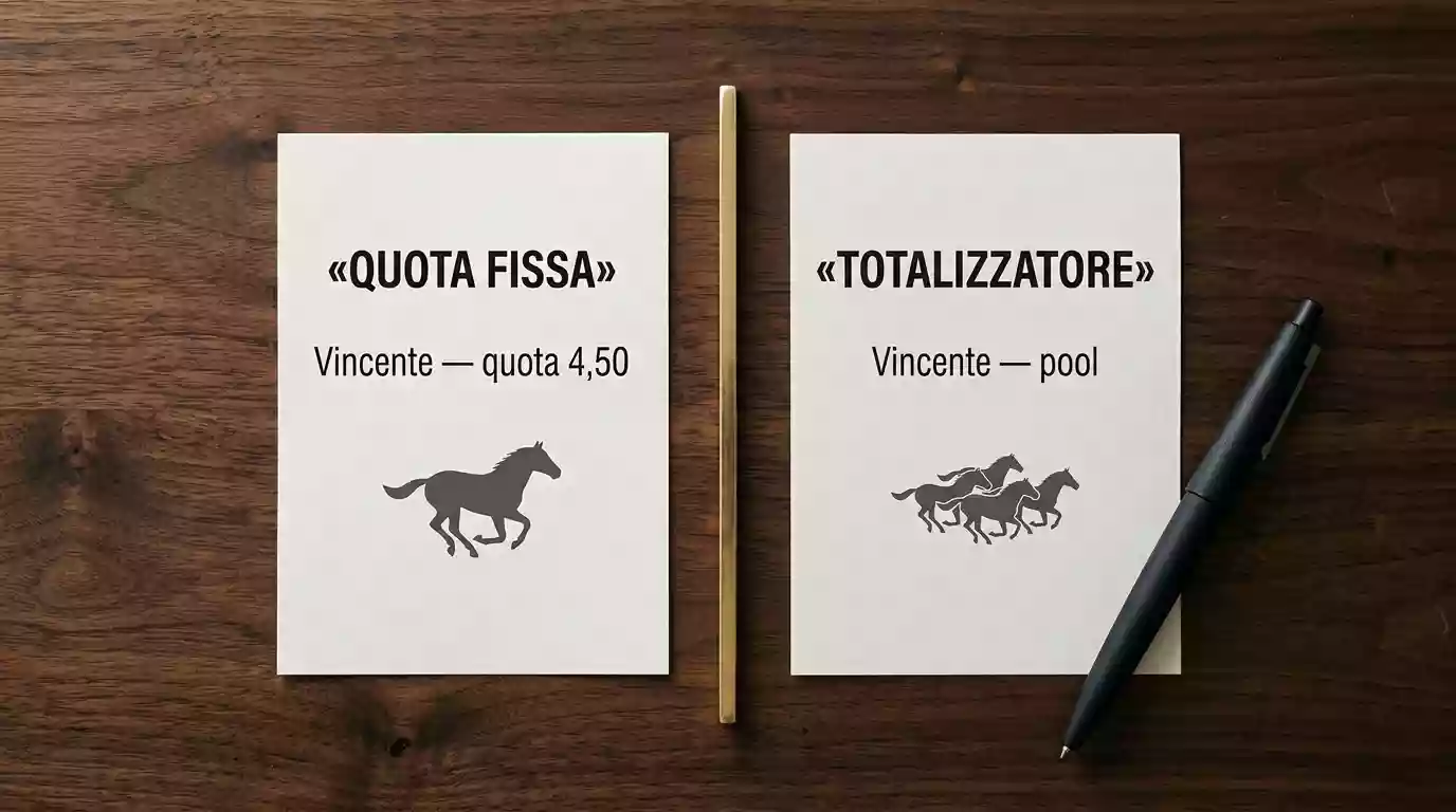 Due biglietti di scommessa ippica affiancati su un tavolo di legno, uno a quota fissa e uno a totalizzatore