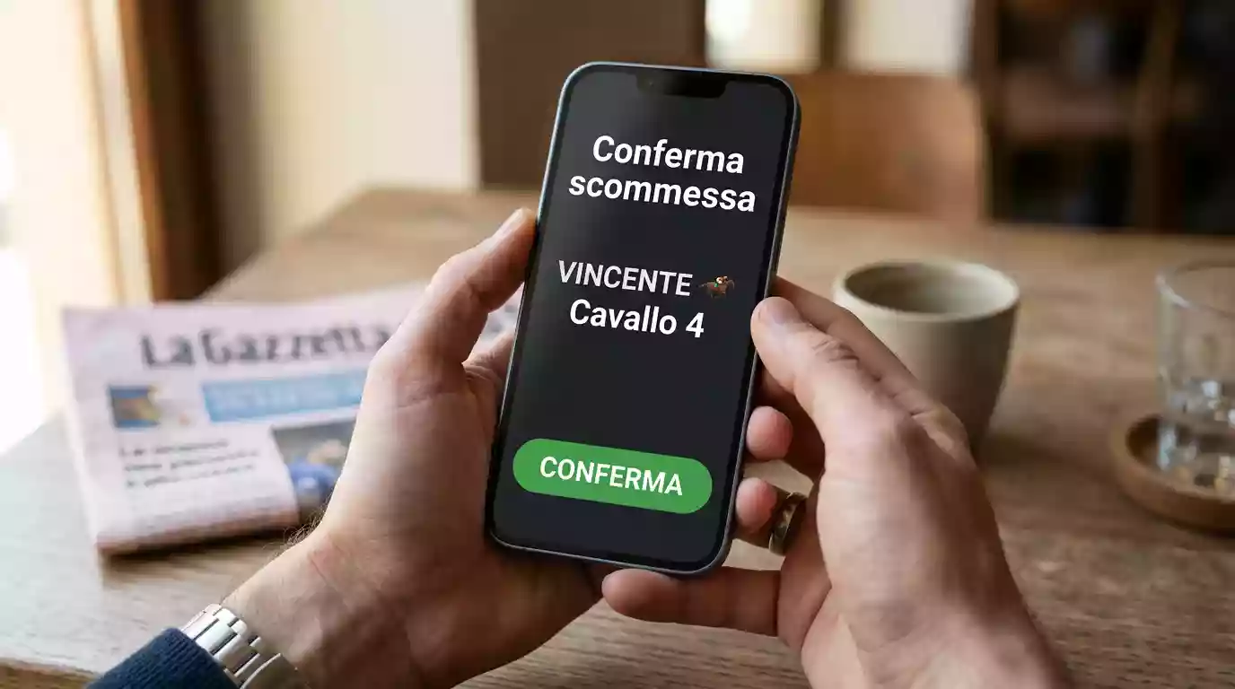 Mani di una persona che tiene uno smartphone con un'app di scommesse ippiche aperta sulla schermata di conferma del biglietto