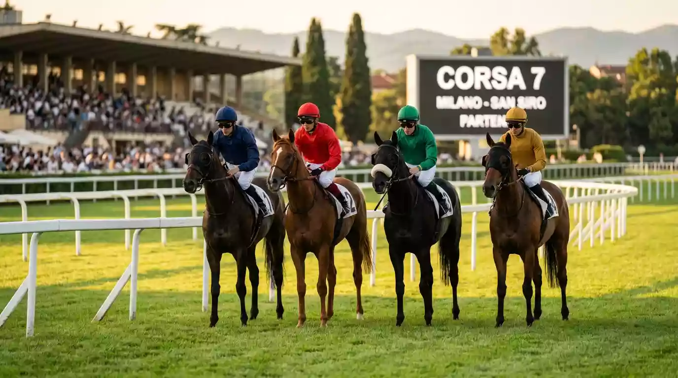 Tribuna di un ippodromo italiano con i cavalli in fase di partenza e le quote sul tabellone digitale del bookmaker
